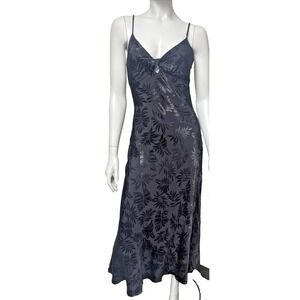 Black Slip Dress Women's Med Botanical Jacquard LBD Twist Front Keyhole Bias Cut